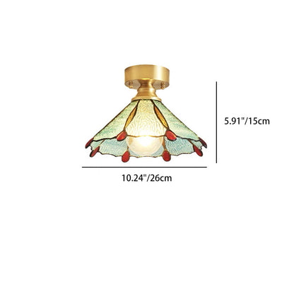 Traditional Vintage Round Leaf Umbrella Glass Copper 1-light Semi-flush Mount Ceiling Light for Living Room