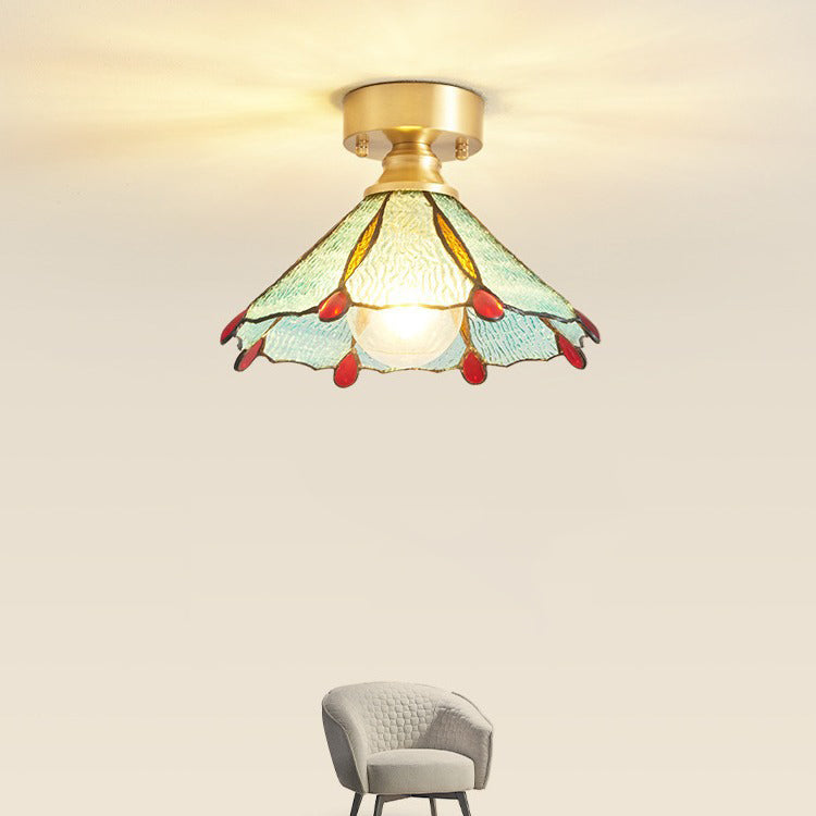 Traditional Vintage Round Leaf Umbrella Glass Copper 1-light Semi-flush Mount Ceiling Light for Living Room