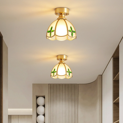 Traditional Vintage Round Leaf Umbrella Glass Copper 1-light Semi-flush Mount Ceiling Light for Living Room