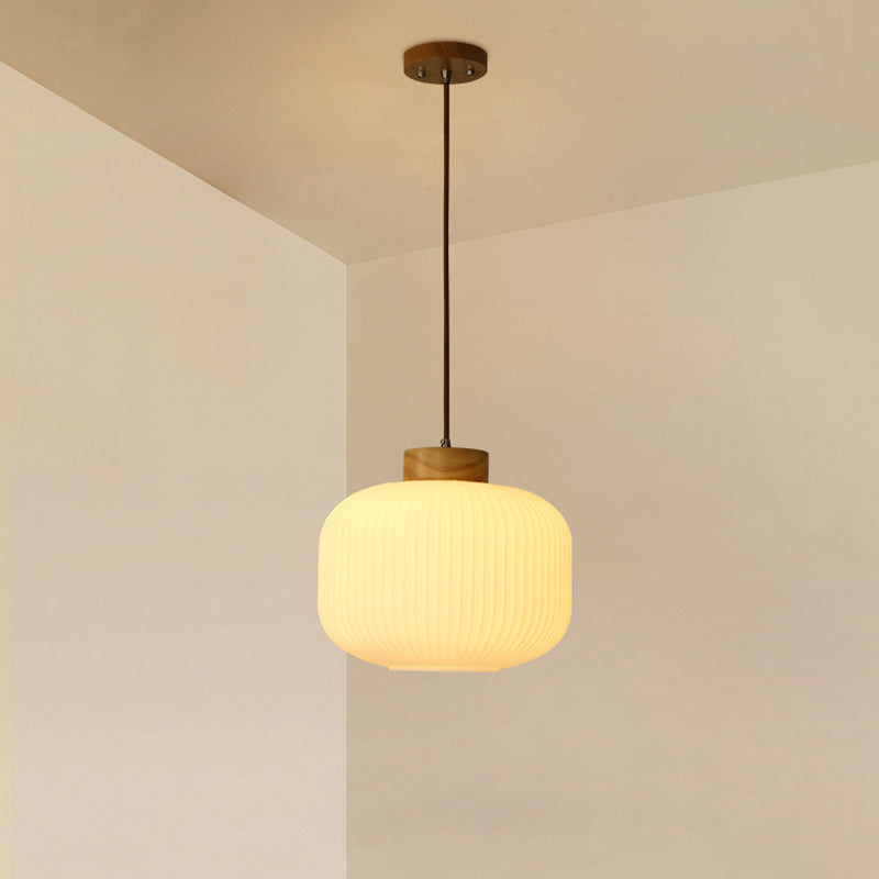Traditional Japanese Cylinder Round Distressed Glass Wood 1-Light Pendant Light For Living Room
