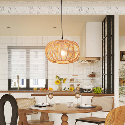 Traditional Vintage Lantern Round Hollowed Out Rattan Iron 1-Light Pendant Light For Living Room