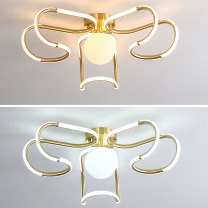 Contemporary Scandinavian Curved Line Round Acrylic Copper LED Semi-Flush Mount Ceiling Light For Living Room