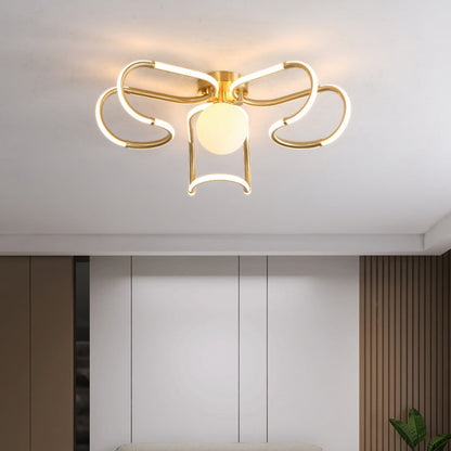 Contemporary Scandinavian Curved Line Round Acrylic Copper LED Semi-Flush Mount Ceiling Light For Living Room