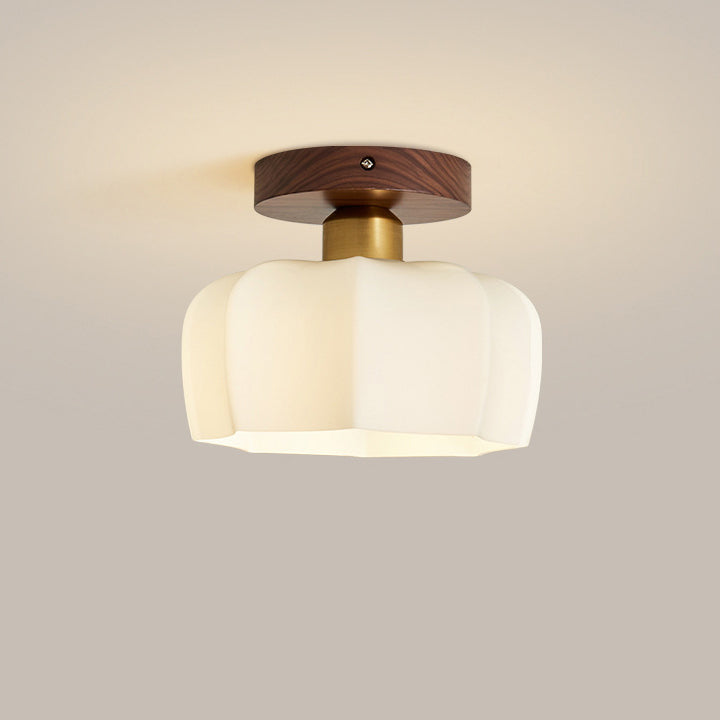 Contemporary Retro Walnut Metal Glass Bowl Round 1-light Semi-flush Mount Ceiling Light for Hallway