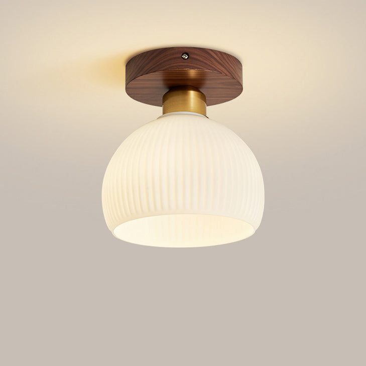 Contemporary Retro Walnut Metal Glass Bowl Round 1-light Semi-flush Mount Ceiling Light for Hallway