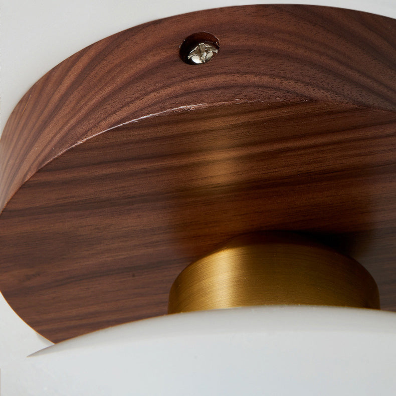 Contemporary Retro Walnut Metal Glass Bowl Round 1-light Semi-flush Mount Ceiling Light for Hallway