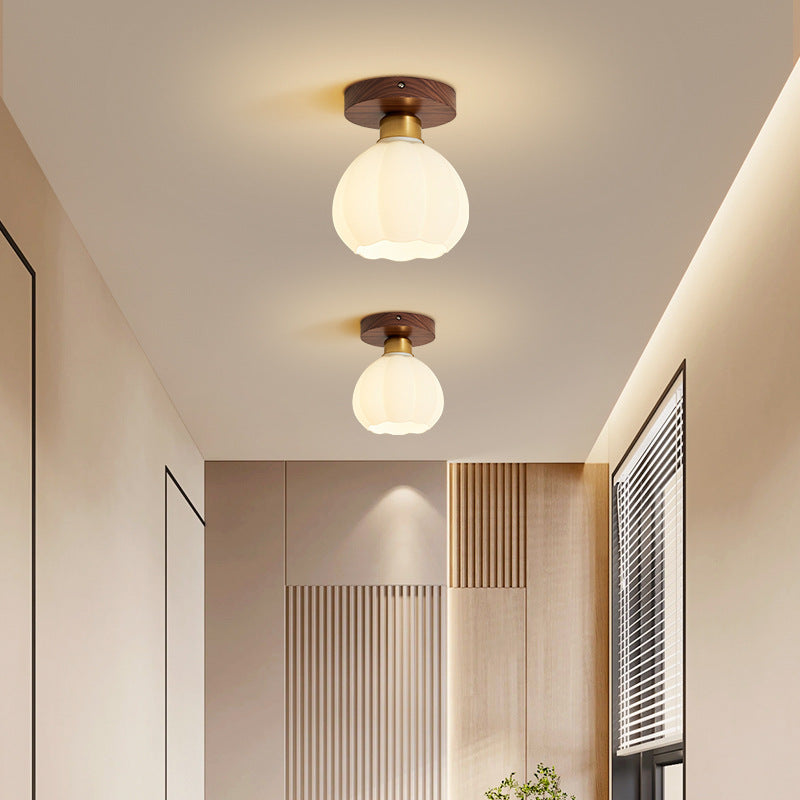 Contemporary Retro Walnut Metal Glass Bowl Round 1-light Semi-flush Mount Ceiling Light for Hallway