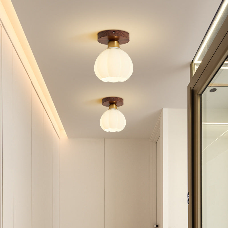 Contemporary Retro Walnut Metal Glass Bowl Round 1-light Semi-flush Mount Ceiling Light for Hallway