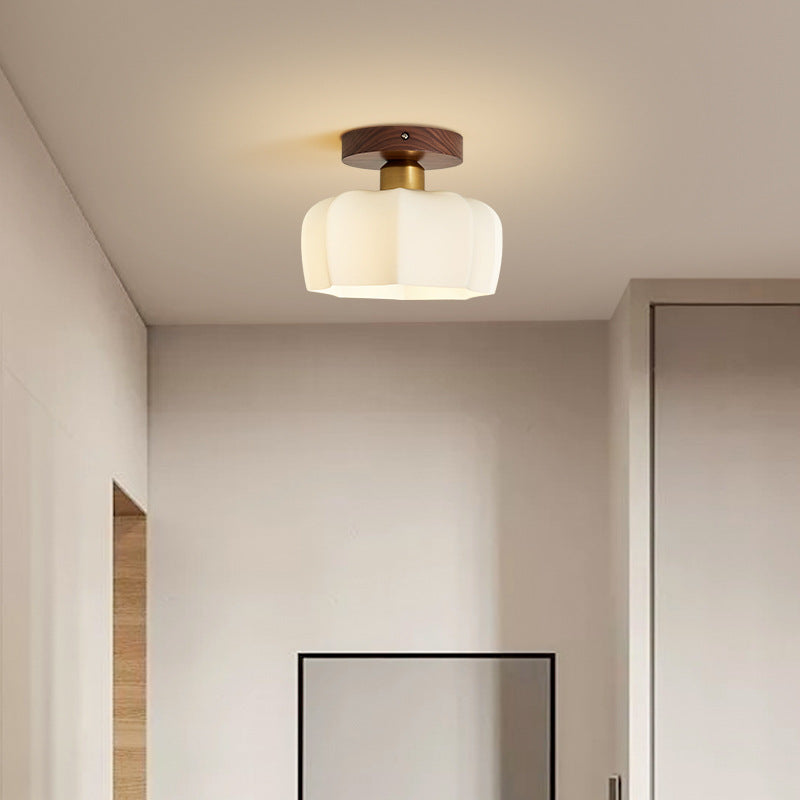 Contemporary Retro Walnut Metal Glass Bowl Round 1-light Semi-flush Mount Ceiling Light for Hallway