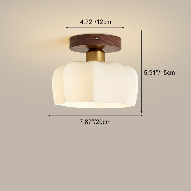 Contemporary Retro Walnut Metal Glass Bowl Round 1-light Semi-flush Mount Ceiling Light for Hallway