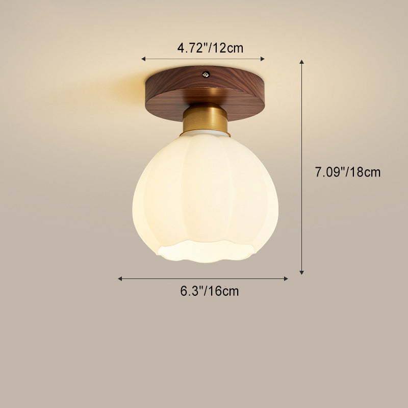Contemporary Retro Walnut Metal Glass Bowl Round 1-light Semi-flush Mount Ceiling Light for Hallway