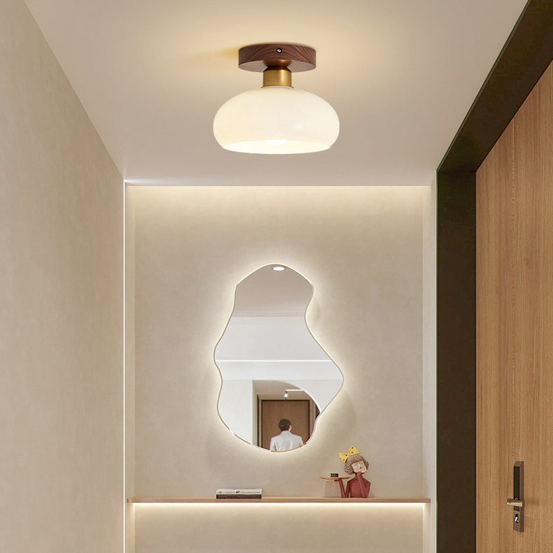 Contemporary Retro Walnut Metal Glass Bowl Round 1-light Semi-flush Mount Ceiling Light for Hallway