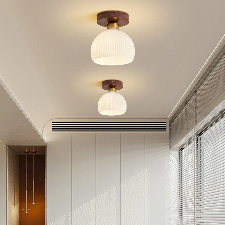 Contemporary Retro Walnut Metal Glass Bowl Round 1-light Semi-flush Mount Ceiling Light for Hallway