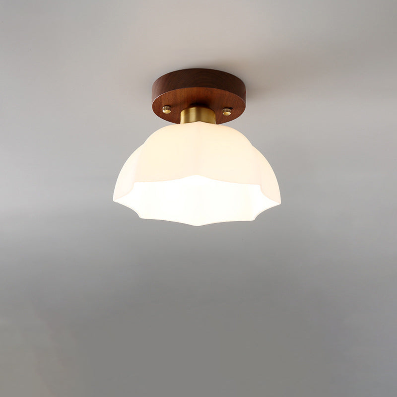 Contemporary Retro Walnut Metal Glass Bowl Round 1-light Semi-flush Mount Ceiling Light for Hallway