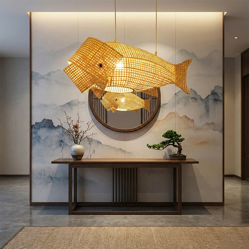 Traditional Japanese Weaving Bamboo Carp Fish Elliptical 1-Light Pendant Light For Dining Room