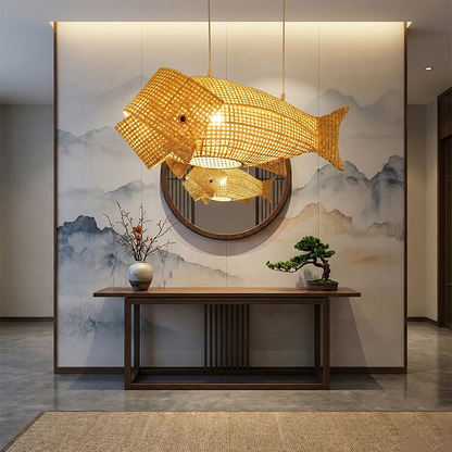 Traditional Japanese Weaving Bamboo Carp Fish Elliptical 1-Light Pendant Light For Dining Room