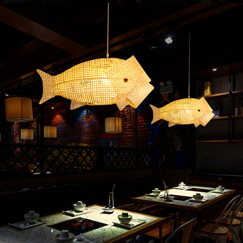 Traditional Japanese Weaving Bamboo Carp Fish Elliptical 1-light Pendant Light for Dining Room BulbSquare