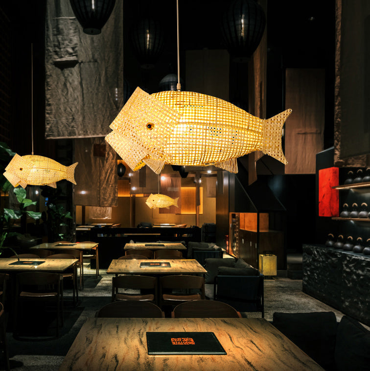 Traditional Japanese Weaving Bamboo Carp Fish Elliptical 1-light Pendant Light for Dining Room BulbSquare
