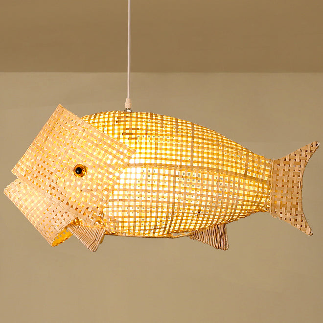 Traditional Japanese Weaving Bamboo Carp Fish Elliptical 1-light Pendant Light for Dining Room BulbSquare