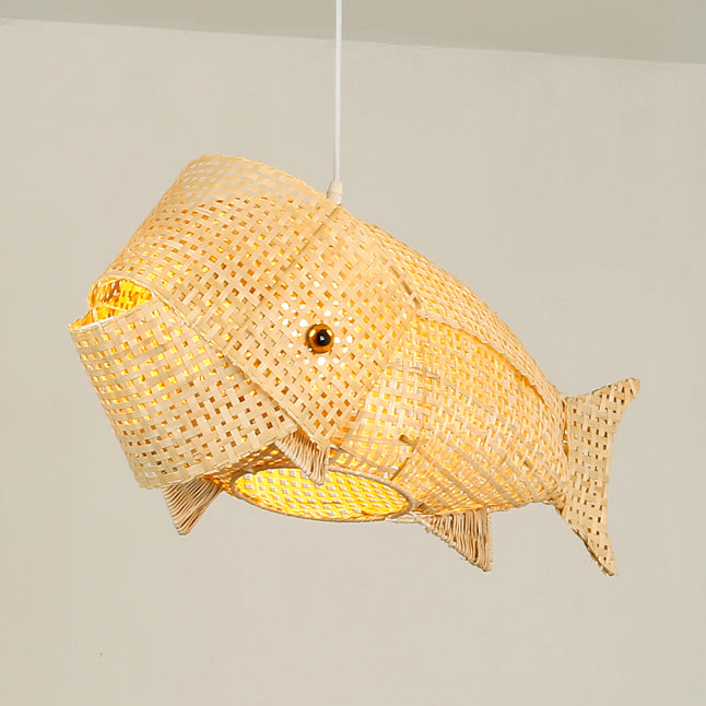 Traditional Japanese Weaving Bamboo Carp Fish Elliptical 1-light Pendant Light for Dining Room BulbSquare
