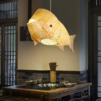 Traditional Japanese Weaving Bamboo Carp Fish Elliptical 1-light Pendant Light for Dining Room BulbSquare