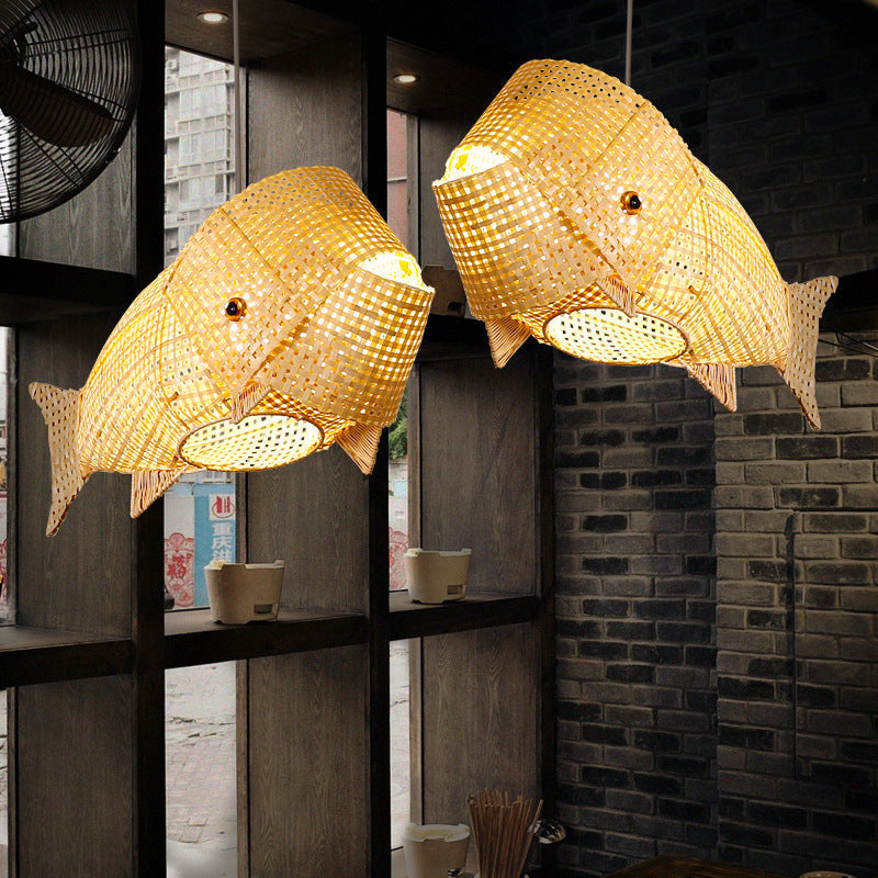 Traditional Japanese Weaving Bamboo Carp Fish Elliptical 1-light Pendant Light for Dining Room BulbSquare