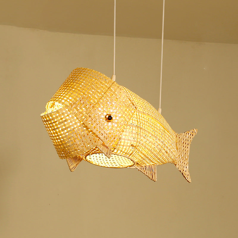 Traditional Japanese Weaving Bamboo Carp Fish Elliptical 1-Light Pendant Light For Dining Room