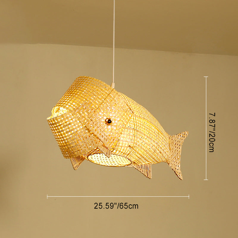 Traditional Japanese Weaving Bamboo Carp Fish Elliptical 1-light Pendant Light for Dining Room BulbSquare