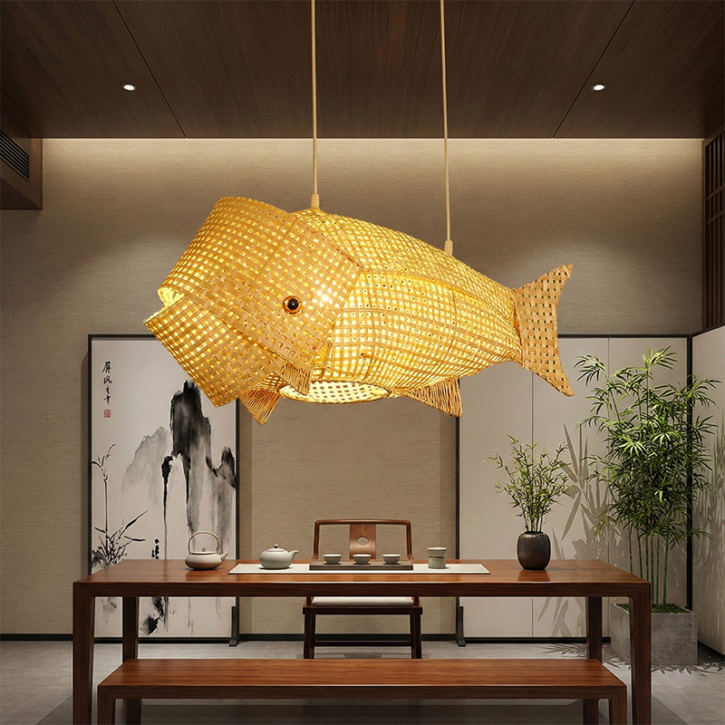 Traditional Japanese Weaving Bamboo Carp Fish Elliptical 1-Light Pendant Light For Dining Room