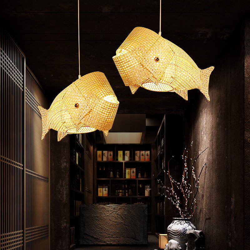 Traditional Japanese Weaving Bamboo Carp Fish Elliptical 1-light Pendant Light for Dining Room BulbSquare