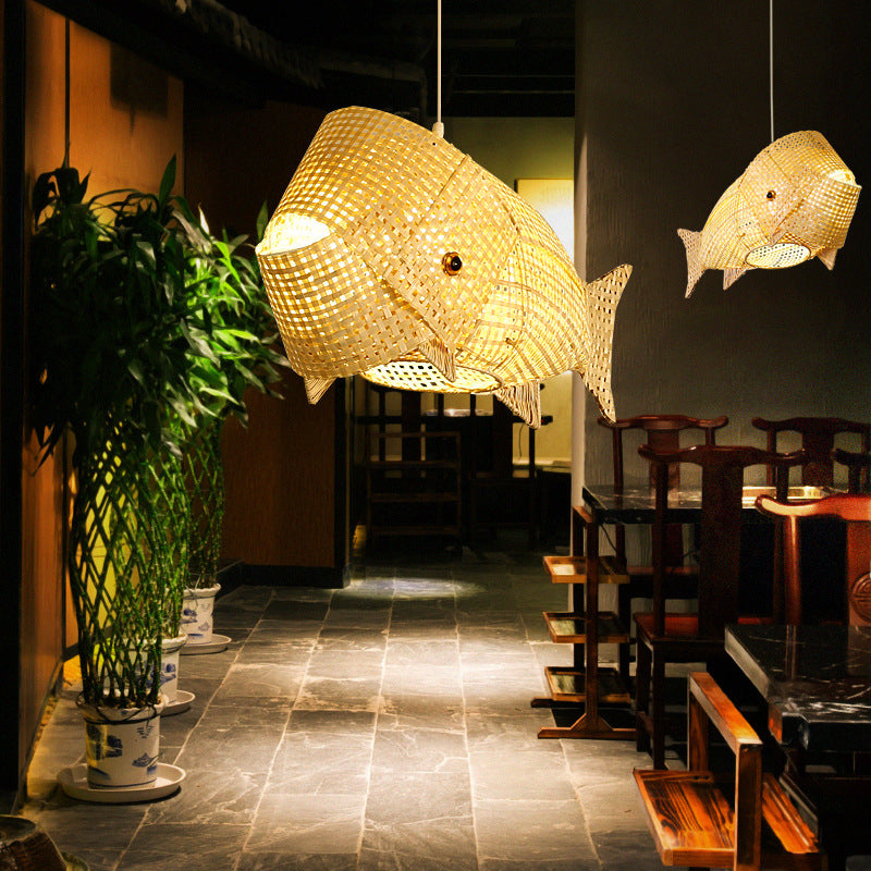 Traditional Japanese Weaving Bamboo Carp Fish Elliptical 1-light Pendant Light for Dining Room BulbSquare
