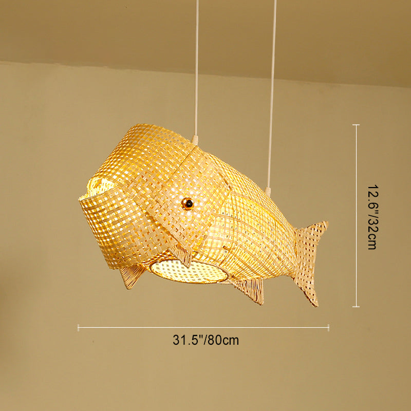 Traditional Japanese Weaving Bamboo Carp Fish Elliptical 1-light Pendant Light for Dining Room BulbSquare