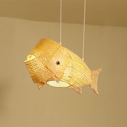 Traditional Japanese Weaving Bamboo Carp Fish Elliptical 1-Light Pendant Light For Dining Room