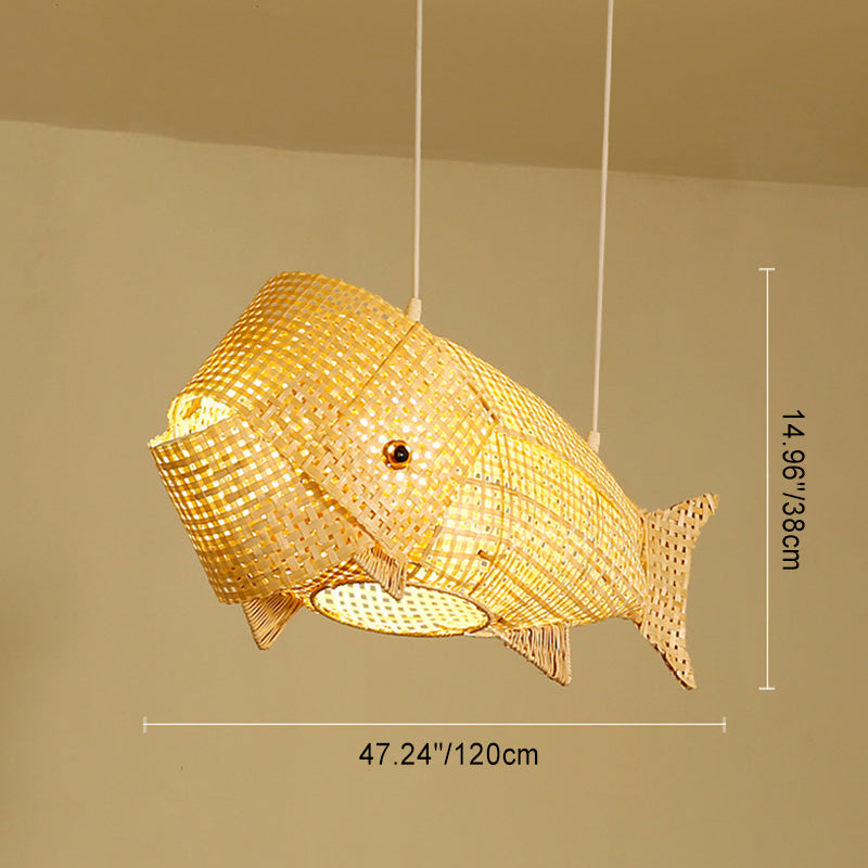 Traditional Japanese Weaving Bamboo Carp Fish Elliptical 1-light Pendant Light for Dining Room BulbSquare