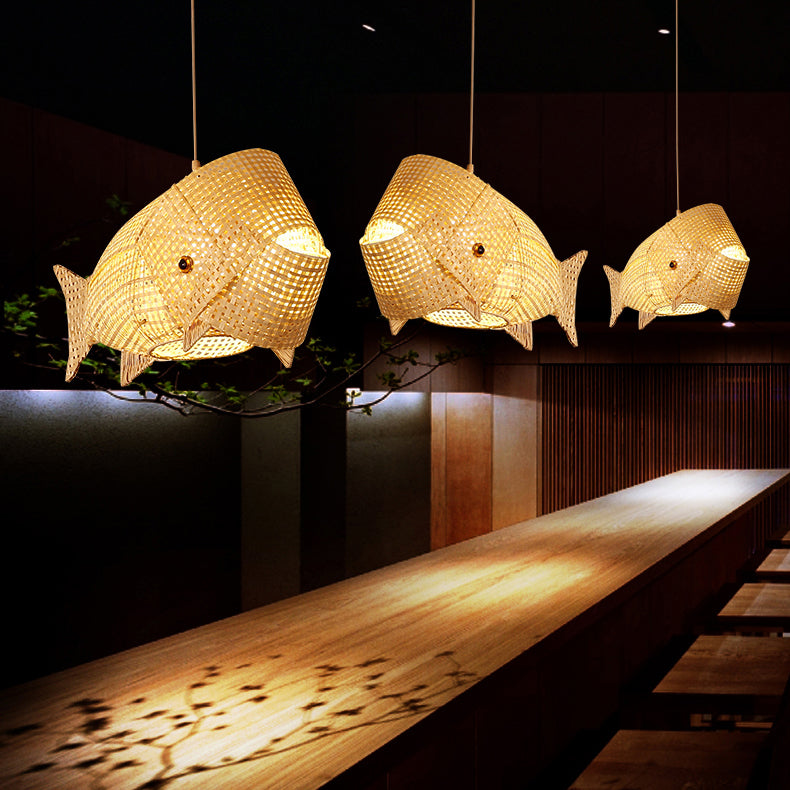 Traditional Japanese Weaving Bamboo Carp Fish Elliptical 1-light Pendant Light for Dining Room BulbSquare