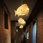 Traditional Japanese Weaving Bamboo Carp Fish Elliptical 1-light Pendant Light for Dining Room BulbSquare