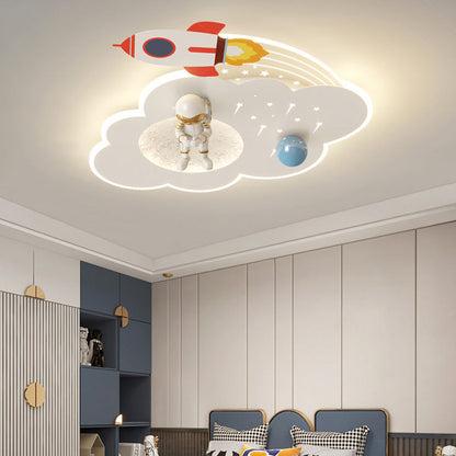 Modern Art Deco Kids Acrylic Metal Round Cloud Rocket Astronaut LED Flush Mount Ceiling Light for Bedroom