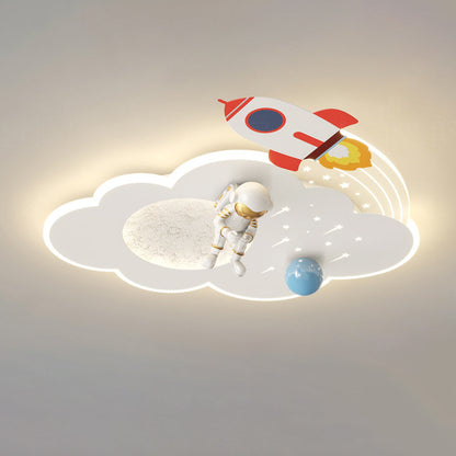 Modern Art Deco Kids Acrylic Metal Round Cloud Rocket Astronaut LED Flush Mount Ceiling Light for Bedroom