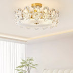 Traditional French Metal Glass Round Rose Frosted 6/8 Light Semi-Flush Mount Ceiling Light For Bedroom