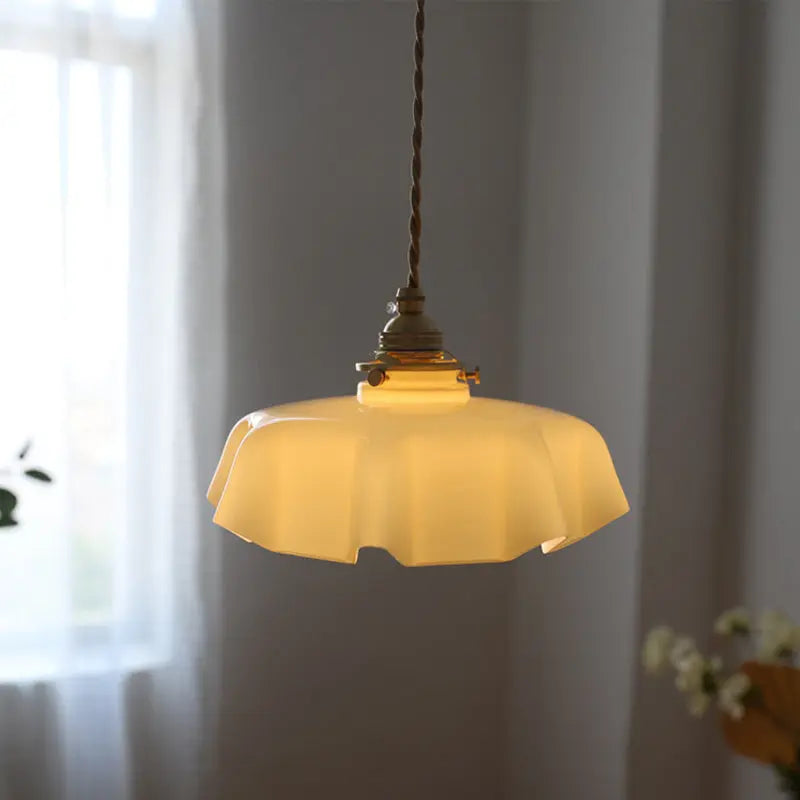 Traditional French Brass Glass Iron Round Folded 1-light Pendant Light for Bedside BulbSquare