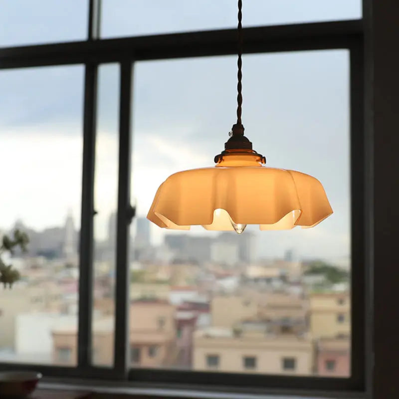 Traditional French Brass Glass Iron Round Folded 1-light Pendant Light for Bedside BulbSquare