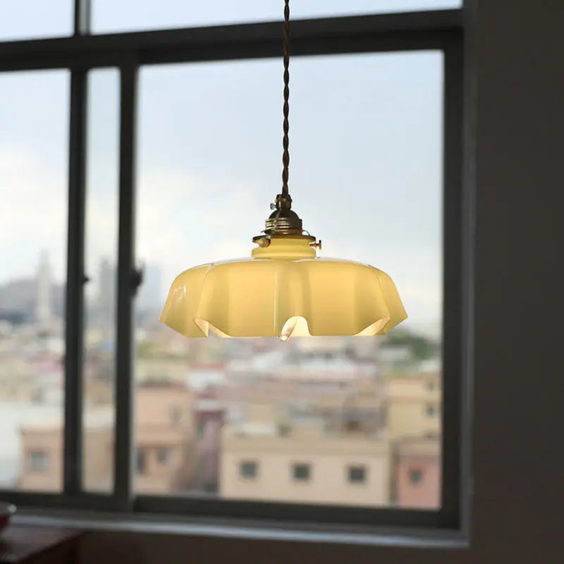 Traditional French Brass Glass Iron Round Folded 1-light Pendant Light for Bedside BulbSquare