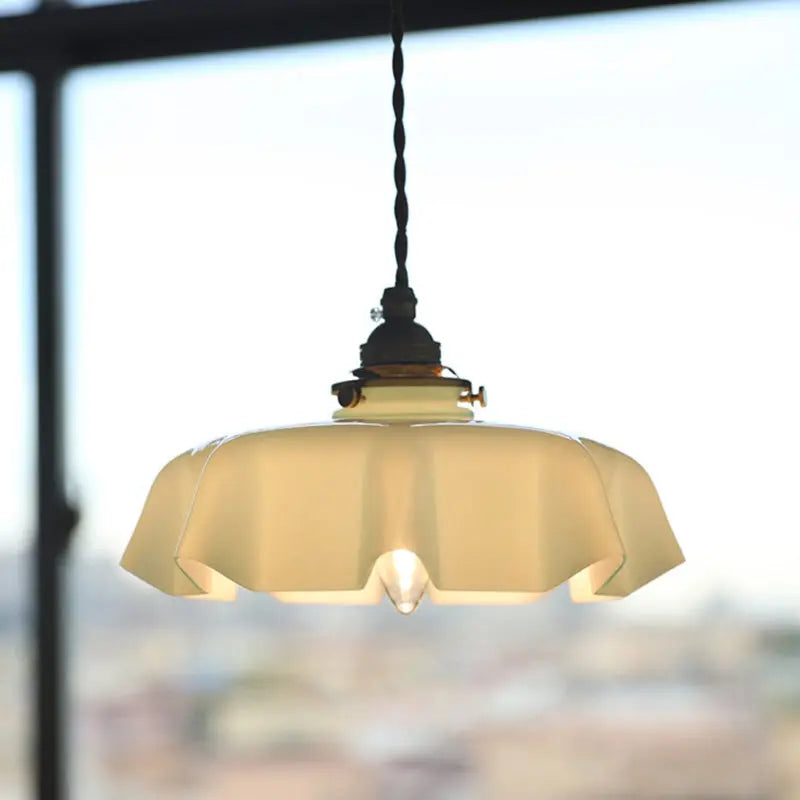 Traditional French Brass Glass Iron Round Folded 1-light Pendant Light for Bedside BulbSquare