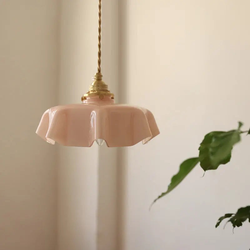 Traditional French Brass Glass Iron Round Folded 1-light Pendant Light for Bedside BulbSquare