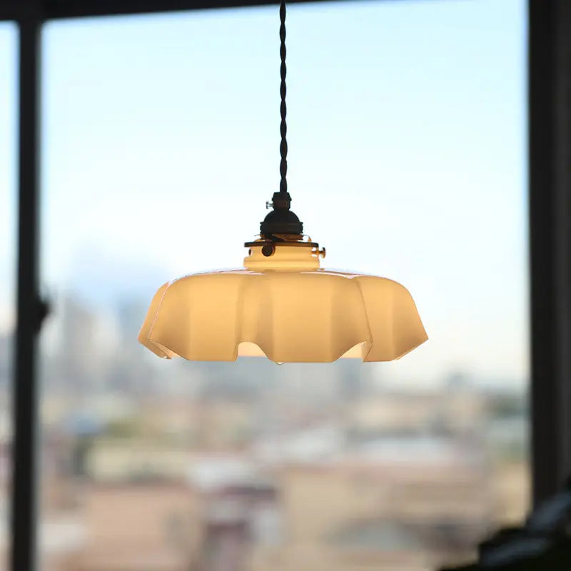 Traditional French Brass Glass Iron Round Folded 1-light Pendant Light for Bedside BulbSquare