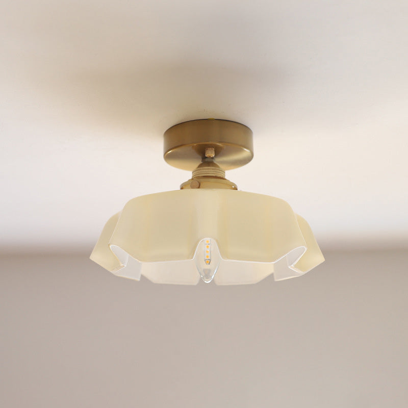 Traditional French Brass Glass Iron Round Folded 1-light Semi-flush Mount Ceiling Light for Hallway
