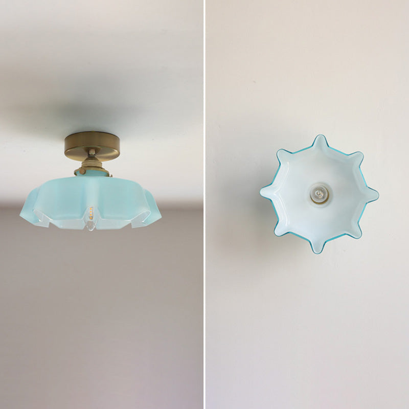 Traditional French Brass Glass Iron Round Folded 1-light Semi-flush Mount Ceiling Light for Hallway