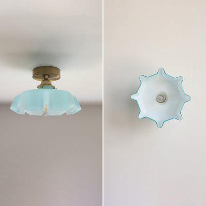 Traditional French Brass Glass Iron Round Folded 1-light Semi-flush Mount Ceiling Light for Hallway