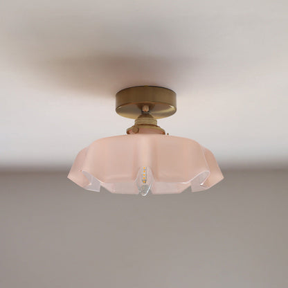 Traditional French Brass Glass Iron Round Folded 1-light Semi-flush Mount Ceiling Light for Hallway