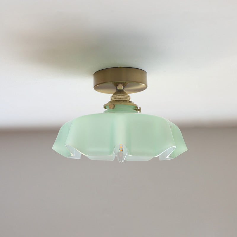 Traditional French Brass Glass Iron Round Folded 1-light Semi-flush Mount Ceiling Light for Hallway